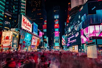 Adverts and bright signs in Times Square, New York.